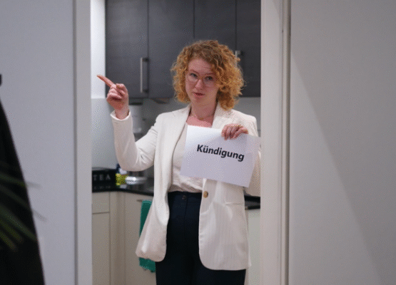 Woman in a white blazer holds a sign that says Kündigung while pointing to the left in an office hallway.