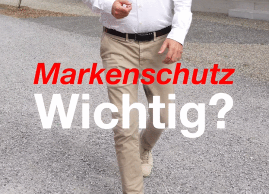 Person walking on a gravel path with red 'Markenschutz' and white 'Wichtig?' text—about trademark protection.