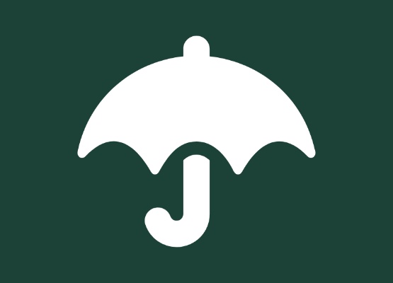 Umbrella icon on a dark green background, symbolizing rain protection