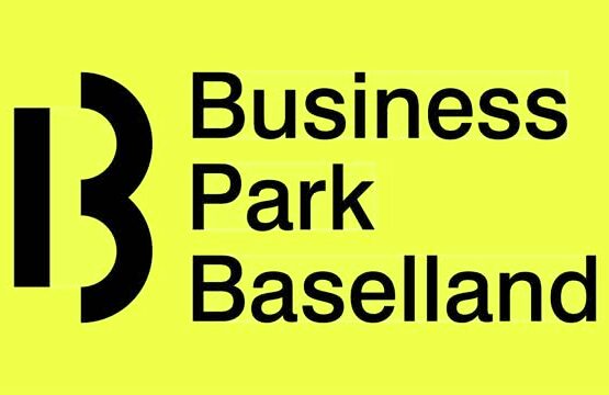 Logo for Business Park Baselland featuring a black stylized 'B' glyph on a bright yellow background.